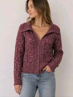 DKNY Jeans Zip Front Knit Sweater Jacket Mauve Collared Womens Size M